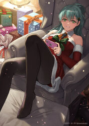 1girl alternate_legwear aqua_hair armchair ascot black_pantyhose breasts cellphone chair christmas_tree_hair_ornament detached_sleeves dress fur-trimmed_dress fur-trimmed_sleeves fur_trim gift green_eyes hair_ornament holding holding_phone indoors kantai_collection long_hair medium_breasts official_alternate_costume orange_ascot pantyhose phone red_dress red_sleeves santa_dress sitting smartphone solo strapless strapless_dress suzuya_(christmas_mode)_(kancolle) suzuya_(kancolle) tantaka very_long_hair