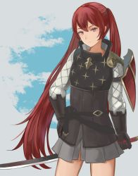 Rule 34 | 1girl, akuria, armor, bad id, bad pixiv id, belt, black gloves, cloud, fire emblem, fire emblem fates, gloves, hair between eyes, hair ribbon, holding, holding sword, holding weapon, katana, long hair, nintendo, outdoors, pleated skirt, red eyes, red hair, ribbon, selena (fire emblem fates), skirt, sky, solo, sword, twintails, very long hair, weapon