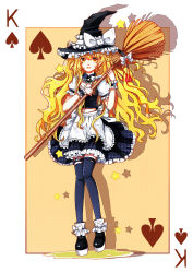 Rule 34 | 1girl, :d, absurdres, apron, black thighhighs, blonde hair, bow, braid, breasts, broom, brown background, card, card (medium), detached collar, fang, frilled skirt, frills, full body, hair bow, hat, hat bow, highres, holding, king, king (playing card), kirisame marisa, knees together feet apart, loafers, lolita fashion, long hair, looking at viewer, midriff, open mouth, orange background, plaid, plaid skirt, platform footwear, playing card, polka dot, polka dot background, puffy short sleeves, puffy sleeves, shadow, shoes, short sleeves, side braid, simple background, skirt, skirt set, small breasts, smile, solo, spade, spades card, standing, star (symbol), tanotomoe, tassel, thighhighs, torn clothes, torn thighhighs, touhou, very long hair, waist apron, wavy hair, witch hat, wrist cuffs, yellow eyes