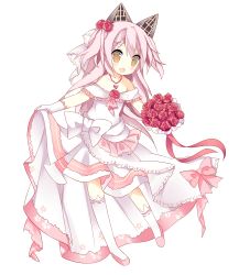 Rule 34 | &gt;:d, 1girl, :d, absurdres, alternate costume, animal ears, asymmetrical legwear, bad id, bad pixiv id, bare shoulders, blush, bouquet, bow, braid, bridal veil, brown eyes, clothes lift, dress, eyebrows, fake animal ears, fang, flat chest, flower, french braid, frilled dress, frills, full body, gem, hair flower, hair ornament, highres, holding, holding bouquet, jewelry, long hair, looking at viewer, necklace, open mouth, pink bow, pink footwear, pink hair, pink ribbon, ribbon, shimakaze (warship girls r), shoes, short twintails, simple background, skirt, skirt lift, smile, solo, tsukimi (xiaohuasan), twintails, two side up, uneven legwear, v-shaped eyebrows, veil, warship girls r, wedding dress, white background, white bow, white dress, white legwear