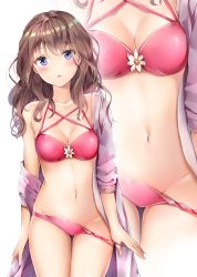 Rule 34 | 1girl, absurdres, bare shoulders, bikini, bikini tug, blue eyes, blush, branch, breasts, brown hair, cleavage, collarbone, commentary request, cowboy shot, groin, hair between eyes, head tilt, highres, leaf, long hair, long sleeves, looking at viewer, medium breasts, navel, off shoulder, open clothes, original, parted lips, pink bikini, sidelocks, simple background, solo, standing, stomach, swimsuit, thighs, wavy hair, white background, yoshida iyo, zoom layer
