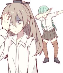Rule 34 | 10s, 2girls, aqua eyes, aqua hair, brown hair, brown legwear, commentary, covering own eyes, dab (dance), dress shirt, female focus, gloom (expression), hair ornament, hairclip, highres, kantai collection, kumano (kancolle), kvlen, multiple girls, outstretched arm, ponytail, shirt, simple background, skirt, suzuya (kancolle), thighhighs, white background