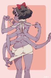 Rule 34 | 1girl, arthropod girl, ass, back, butt crack, extra arms, extra eyes, female focus, from behind, highres, horns, insect girl, kneepits, looking back, meme attire, monster girl, muffet, norasame (dagako), profile, ribbon, single horn, solo, spider girl, undertale, virgin killer sweater