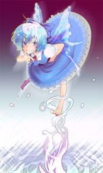 Rule 34 | 1girl, bad id, bad pixiv id, barefoot, blue bow, blue dress, blue eyes, blue hair, bow, cirno, dress, embodiment of scarlet devil, feet, full body, grin, hair bow, matching hair/eyes, puffy short sleeves, puffy sleeves, shino satoru, short hair, short sleeves, smile, solo, touhou, water, wings