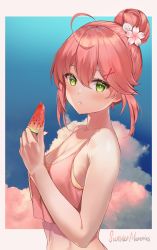 Rule 34 | 1girl, absurdres, ahoge, alternate costume, alternate hairstyle, armpits, bare shoulders, blue sky, breasts, cherry blossoms, cleavage, cloud, collarbone, eating, flower, food, fruit, green eyes, hair between eyes, hair bun, hair flower, hair ornament, hairclip, highres, hololive, lims (neko2lims), looking at viewer, outdoors, pink hair, sakura miko, single hair bun, sky, solo, virtual youtuber, watermelon, x hair ornament