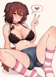 Rule 34 | 1girl, animal ears, black bra, black choker, bra, breasts, brown hair, choker, closed mouth, denim, denim shorts, dog ears, dog tail, extra ears, hair between eyes, hair ornament, hand up, heart, highres, hololive, inugami korone, inugami korone (loungewear), large breasts, long hair, looking at viewer, no shoes, o-ring, o-ring choker, pom pom (clothes), pom pom hair ornament, red eyes, red nails, short shorts, shorts, simple background, sitting, smile, socks, solo, spoken heart, spread legs, striped clothes, striped socks, tail, underwear, v, varniskarnis, virtual youtuber, white background