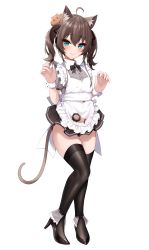 Rule 34 | 1girl, absurdres, ahoge, animal ear fluff, animal ears, apron, black bow, black bowtie, black thighhighs, blue eyes, blush, bow, bowtie, brown hair, cat ears, cat tail, closed mouth, frilled apron, frills, full body, hair between eyes, high heels, highres, hololive, looking at viewer, matsurisu, miniskirt, natsuiro matsuri, roina (effj7473), short sleeves, simple background, skirt, smile, solo, tail, thighhighs, twintails, virtual youtuber, white apron, white background, wrist cuffs