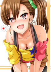 Rule 34 | 1girl, bad id, bad pixiv id, bare shoulders, blush, breasts, brown eyes, brown hair, cleavage, collarbone, downblouse, extended downblouse, futami mami, heart, idolmaster, idolmaster (classic), inu (marukome), long hair, looking at viewer, off shoulder, open mouth, scrunchie, shirt, shorts, side ponytail, simple background, smile, solo, spoken heart, striped, striped background