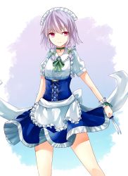 Rule 34 | &gt;:(, 1girl, apron, arms at sides, between fingers, blue dress, bow, braid, choker, closed mouth, corset, dress, frown, green bow, green ribbon, hair bow, highres, holding, holding knife, izayoi sakuya, knife, knives between fingers, looking at viewer, maid, maid headdress, neck ribbon, puffy short sleeves, puffy sleeves, red eyes, ribbon, sakizaki saki-p, short sleeves, silver hair, solo, standing, straddling, touhou, twin braids, v-shaped eyebrows, waist apron, wrist cuffs