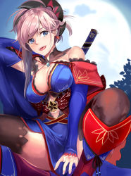 Rule 34 | 1girl, :d, asymmetrical hair, backlighting, bad id, bad pixiv id, bare shoulders, black thighhighs, blue eyes, breasts, cleavage, collarbone, detached sleeves, earrings, fate/grand order, fate (series), full moon, hair ornament, japanese clothes, jewelry, long sleeves, looking at viewer, magatama, medium breasts, miyamoto musashi (fate), miyamoto musashi (second ascension) (fate), moon, moonlight, nochita shin, open mouth, pink hair, ponytail, smile, solo, squatting, teeth, thighhighs