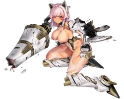 Rule 34 | 05565, 1girl, animal ears, areola slip, armor, armored boots, armpit crease, bare shoulders, battle damage, black collar, blue eyes, blush, boots, breasts, broken, broken armor, broken weapon, cat ears, clenched teeth, collar, crack, dark-skinned female, dark skin, defeat, detached sleeves, english text, fake animal ears, full body, gloves, gold trim, hair intakes, hand on ground, highleg, highleg leotard, highres, huge weapon, injury, lancer mina, large breasts, last origin, leotard, looking at viewer, mechanical ears, mechanical parts, medium hair, multicolored hair, navel, official alternate costume, official art, one eye closed, pantyhose, pilot suit, pink hair, polearm, red hair, scratches, see-through, see-through sleeves, simple background, sitting, skindentation, solo, streaked hair, tachi-e, tail, tan, tanline, teeth, thick thighs, thighs, third-party source, torn clothes, torn leotard, torn pantyhose, torn sleeves, transparent background, two-tone hair, weapon, white footwear, white gloves, white leotard, wire, yokozuwari