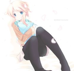 Rule 34 | 1girl, ahoge, black pantyhose, blue eyes, blush, cherry blossoms, esia mariveninne, hugging object, komone ushio, looking at viewer, original, pantyhose, petals, pillow, pillow hug, simple background, solo, white background