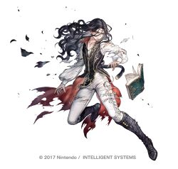 Rule 34 | 1girl, androgynous, belt, black belt, black footwear, black hair, black jacket, book, boots, circlet, closed mouth, collared jacket, copyright notice, cross-laced clothes, fire emblem, fire emblem: the blazing blade, fire emblem heroes, floating, floating book, floating object, full body, hand up, head chain, jacket, jewelry, leg up, limstella (fire emblem), long hair, long sleeves, looking at object, magic, nintendo, official art, open book, open collar, pants, parted bangs, senano-yu, shirt, simple background, sleeveless, sleeveless jacket, solo, tailcoat, torn clothes, torn jacket, torn pants, torn shirt, v-shaped eyebrows, wavy hair, white background, white pants, white shirt, yellow eyes