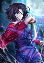 Rule 34 | 1girl, black hair, blue eyes, blue kimono, closed mouth, cloud, commentary request, floating hair, fur-trimmed jacket, fur trim, glowing, glowing eyes, harukey, highres, holding, holding knife, holding weapon, jacket, japanese clothes, kara no kyoukai, kimono, knife, long sleeves, looking at viewer, moon, mystic eyes of death perception, night, night sky, obi, open clothes, open jacket, outdoors, parted bangs, red jacket, ryougi shiki, sash, short hair, sky, solo, upper body, weapon, zipper