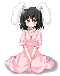 Rule 34 | 1girl, animal ears, blush, carrot necklace, dress, female focus, full body, inaba tewi, iseki mitsuharu, jewelry, looking at viewer, necklace, pink dress, puffy short sleeves, puffy sleeves, rabbit ears, short sleeves, simple background, sitting, solo, touhou, wariza, white background