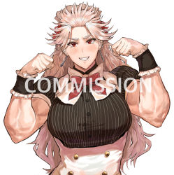 Rule 34 | 1girl, apron, blush, commission, dorohedoro, dress, frilled apron, frills, highres, jewelry, long hair, looking at viewer, maid, maid apron, maid headdress, muscular, muscular female, noi (dorohedoro), park ongjol, red eyes, simple background, smile, solo, white hair