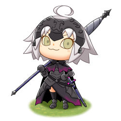 Rule 34 | &gt;:3, 1girl, ahoge, animal crossing, armor, banner, black legwear, blush stickers, cape, chibi, commentary request, fate/grand order, fate (series), full body, green eyes, grey hair, headpiece, jeanne d&#039;arc (fate), jeanne d&#039;arc alter (avenger) (fate), jeanne d&#039;arc alter (fate), nintendo, over shoulder, parody, sheath, sheathed, short hair, simple background, solo, style parody, suzuri (tennenseki), sword, weapon, weapon over shoulder, white background