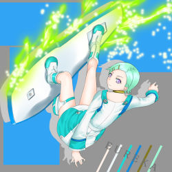 Rule 34 | 00s, 1girl, ankle boots, aqua hair, boots, character name, dress, eureka (eureka seven), eureka seven, eureka seven (series), floating, from behind, full body, green hair, long hair, looking at viewer, looking back, outstretched arms, purple eyes, riding, rokuichi, solo, white dress, white footwear