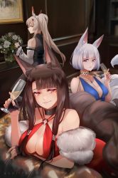 Rule 34 | 3girls, akagi (azur lane), akagi (ruby-laced beauty) (azur lane), alcohol, animal ears, ayanami (azur lane), ayanami (nightfall raiment) (azur lane), azur lane, belt, black hair, blue dress, blue eyes, blunt bangs, blurry, breasts, cleavage, collarbone, commentary, couch, cup, depth of field, detached sleeves, dress, drinking glass, ebbilin, eyeshadow, flower, formal, fox ears, fox girl, fox tail, hair between eyes, hair ornament, hairclip, headgear, holding, holding cup, jewelry, kaga (azur lane), kaga (exalted white wings) (azur lane), kitsune, kyuubi, long hair, long sleeves, looking at viewer, makeup, multiple girls, multiple tails, necklace, official alternate costume, ponytail, red dress, red eyes, retrofit (azur lane), ribbon-trimmed sleeves, ribbon trim, short hair, sidelocks, silver hair, sitting, smile, tail, vase, wide sleeves, wine, wine glass