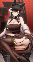 Rule 34 | 1girl, absurdres, alternate costume, animal ears, ass, atago (azur lane), azur lane, bare shoulders, black footwear, black panties, breasts, brown dress, brown gloves, brown hair, brown thighhighs, chair, china dress, chinese clothes, cleavage, cleavage cutout, clothing cutout, dress, feather boa, fine fabric emphasis, flower, folded fan, folding fan, fouriasensei, garter straps, gloves, hair between eyes, hair flower, hair ornament, half gloves, hand fan, high heels, highres, holding, holding fan, lace, lace-trimmed legwear, lace trim, large breasts, panties, cameltoe, shoes, side slit, sitting, skindentation, sleeveless, sleeveless dress, solo, thighhighs, underwear, white flower, yellow eyes