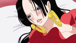 Rule 34 | 1girl, amazon lily, bed sheet, black hair, blue eyes, boa hancock, earrings, female focus, fever, jewelry, long hair, one piece, red shirt, shirt, solo
