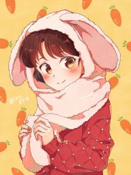 Rule 34 | 1girl, animal ears, animal hood, brown eyes, brown hair, carrot, chinese zodiac, closed mouth, fake animal ears, hands up, hood, looking at viewer, pink scarf, rabbit ears, rabbit hood, ranma 1/2, red nails, red sweater, scarf, short hair, smile, solo, sweater, tendou akane, tsukisaka iro, twitter username, year of the rabbit, yellow background
