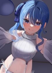 Rule 34 | 1girl, :q, absurdres, alternate costume, blue eyes, blue hair, blue ribbon, breasts, ceiling, closed mouth, detached sleeves, from below, girl on top, hair ribbon, high side ponytail, highres, hololive, hoshimachi suisei, kurenaiaoi0, looking at viewer, medium breasts, meme attire, navel, panties, pov, ribbon, smile, solo, star (symbol), star in eye, sweater, symbol in eye, tongue, tongue out, turtleneck, turtleneck sweater, underwear, virgin destroyer sweater, virtual youtuber, wavy hair, white panties