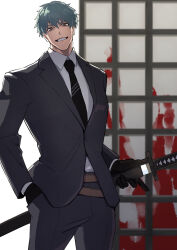 Rule 34 | 1boy, bags under eyes, belt, black gloves, black necktie, black pants, black suit, blood, blood on wall, blurry, blurry background, brown belt, brown eyes, drawing sword, fate/grand order, fate (series), formal, gloves, grey hair, grin, hand in pocket, haruakira, highres, holding, holding sword, holding weapon, jacket, katana, long sleeves, looking at viewer, male focus, mature male, necktie, pants, saitou hajime (fate), shirt, short hair, smile, solo, suit, suit jacket, sword, weapon, white background, white shirt