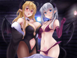 Rule 34 | 2girls, :p, bikini, blonde hair, blue eyes, blush, breasts, brown legwear, bulge, cape, cleavage, demon girl, demon horns, demon tail, demon wings, fang, fur cape, highres, horns, large breasts, leotard, long hair, looking at viewer, low wings, multiple girls, navel, open mouth, pantyhose, pointy ears, pubic tattoo, red eyes, sidelocks, silver hair, swimsuit, tail, tattoo, tongue, tongue out, uni8, wings
