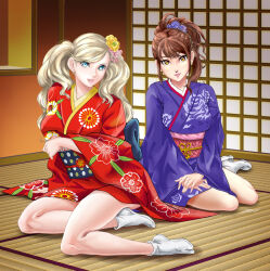 Rule 34 | 2girls, albyee, alternate costume, bare legs, blue eyes, breasts, brown eyes, brown hair, commentary, commission, english commentary, floral print, flower, full body, hair flower, hair ornament, indoors, japanese clothes, kimono, kujikawa rise, legs, lips, long hair, looking at viewer, medium breasts, multiple girls, no shoes, obi, obijime, on floor, own hands together, parted bangs, parted lips, persona, persona 4, persona 5, pink sash, purple kimono, red kimono, sash, shadow, shouji, sidelocks, sitting, sliding doors, socks, swept bangs, tabi, takamaki anne, tatami, thighs, twintails, variant set, white socks, wide sleeves, yokozuwari
