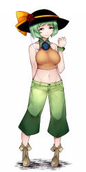 Rule 34 | 1girl, adapted costume, aged up, aoshima, arm behind back, bare shoulders, black eyes, boots, bow, breasts, checkered floor, collarbone, commentary request, crop top, flower, full body, green hair, green pants, hat, hat bow, hat flower, hat rose, highres, komeiji koishi, looking at viewer, medium breasts, midriff, pants, rose, shirt, short hair, sleeveless, sleeveless shirt, smile, solo, third eye, touhou, wrist cuffs, yellow bow, yellow shirt