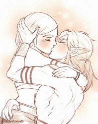 Rule 34 | 1boy, 1girl, arms around neck, ass grab, blush, breast press, closed eyes, elf, highres, holding, hug, kiss, link, midriff, nintendo, pointy ears, ponytail, princess zelda, the legend of zelda, the legend of zelda: breath of the wild, the legend of zelda: tears of the kingdom, topless