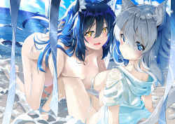 Rule 34 | 2girls, absurdres, all fours, animal ear fluff, animal ears, arm support, ass, bare shoulders, beach, bikini, black hair, blue eyes, blue sky, blush, breast press, breasts, cat ears, cat girl, cat tail, cleavage, closed mouth, cloud, collarbone, day, fang, front-tie bikini top, front-tie top, hanging breasts, highres, hood, hood down, hoodie, horizon, knee up, large breasts, long hair, looking at viewer, medium breasts, multiple girls, ocean, open clothes, open hoodie, open mouth, original, outdoors, reclining, ruffling hair, sand, short sleeves, side-tie bikini bottom, sitting, skin fang, sky, smile, string bikini, swimsuit, tail, tail raised, topless, untied bikini, very long hair, wardrobe malfunction, water, white hair, yellow eyes, zelitto