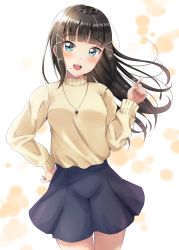 Rule 34 | 10s, 1girl, :d, black hair, blue eyes, blue skirt, blunt bangs, blush, breasts, brown sweater, commentary request, hair ornament, hairclip, hand on own hip, hand up, highres, index finger raised, jewelry, kurosawa dia, long hair, long sleeves, looking at viewer, love live!, love live! school idol festival, love live! sunshine!!, mole, open mouth, pendant, pleated skirt, round teeth, sin (sin52y), skirt, small breasts, smile, solo, standing, sweater, teeth, upper teeth only, very long hair, white background