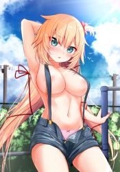 Rule 34 | 1girl, akai haato, aqua eyes, areola slip, arm behind head, arm up, armpits, blonde hair, blue eyes, blue sky, blush, breasts, cloud, commentary request, ex idol, hair ribbon, highres, hololive, large breasts, long hair, looking at viewer, naked suspenders, navel, open clothes, open fly, open shorts, outdoors, overalls, panties, pasties, pink panties, power lines, red ribbon, ribbon, shorts, sky, solo, suspenders, underwear, utility pole, virtual youtuber