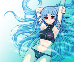Rule 34 | 1girl, armpits, arms up, bikini, kula diamond, long hair, red eyes, smile, snk, solo, swimsuit, the king of fighters