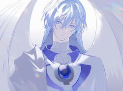 Rule 34 | 1boy, angel wings, aqua eyes, blue gemstone, byuey, cape, cardcaptor sakura, chest jewel, closed mouth, commentary, gem, hair between eyes, head tilt, long hair, looking at viewer, male focus, robe, side cape, simple background, solo, symbol-only commentary, turtleneck, upper body, white background, white cape, white hair, white robe, white wings, wings, yue (cardcaptor sakura)