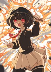 Rule 34 | 1girl, :d, absurdres, adjusting clothes, adjusting headwear, backlighting, black hair, black sweater, black thighhighs, blush, bob cut, collared shirt, commentary, cowboy shot, dress shirt, english commentary, english text, explosion, fang, floating neckwear, heart, highres, long sleeves, looking at viewer, mai (melonbread), melonbread, necktie, open mouth, original, pleated skirt, pot on head, red eyes, red necktie, school uniform, shaded face, shirt, short hair, skirt, smile, smoke, solo, standing, sweater, thighhighs, v-neck, v-shaped eyebrows, w, white shirt, white skirt, wok