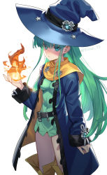 Rule 34 | 1girl, aqua eyes, arm at side, belt, blue coat, blue hat, boots, breasts, cape, closed mouth, coat, commentary request, covered navel, cowboy shot, eyes visible through hair, fire, green hair, green shirt, hand up, hat, highres, knee boots, long coat, long hair, long sleeves, looking at viewer, masou shizuka, open clothes, open coat, rance (series), rance 10, serious, shirt, sidelocks, siino, simple background, sleeves past wrists, small breasts, solo, standing, twitter username, v-shaped eyebrows, white background, witch, witch hat, yellow cape, yellow footwear
