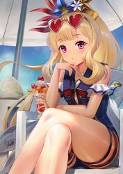 Rule 34 | 1girl, artist name, beach umbrella, blonde hair, blue one-piece swimsuit, blush, bow, cagliostro (granblue fantasy), cagliostro (summer) (granblue fantasy), casual one-piece swimsuit, chair, collarbone, commentary, crossed legs, cup, drinking glass, eyewear on head, flower, granblue fantasy, hair flower, hair ornament, hand on own chin, heart, heart-shaped eyewear, highres, holding, holding cup, holding spoon, light frown, long hair, one-piece swimsuit, parfait, ponytail, purple eyes, red bow, red ribbon, ribbon, sailor collar, signature, sitting, solo, spoon, sunglasses, swimsuit, thighs, umbrella, very long hair, yapo (croquis side)