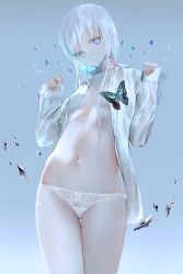 Rule 34 | 1girl, absurdres, blue eyes, breasts, bug, butterfly, commentary, cowboy shot, crystal, gradient background, groin, hands up, highres, insect, lace, lace panties, long hair, long sleeves, looking at viewer, looking down, navel, open clothes, open shirt, original, panties, shirt, small breasts, solo, stomach, symbol-only commentary, tlla, underwear, w arms, white hair, white panties, white shirt