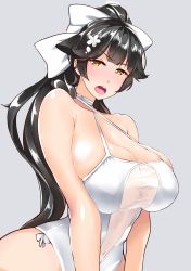 Rule 34 | 1girl, azur lane, black hair, blunt bangs, blush, bow, breasts, choker, cleavage, collarbone, covered navel, flower, grey background, hair bow, hair flower, hair ornament, half-closed eyes, high ponytail, highleg, highleg swimsuit, highres, large breasts, long hair, looking at viewer, one-piece swimsuit, open mouth, ponytail, simple background, solo, swimsuit, takao (azur lane), takao (beach rhapsody) (azur lane), teeth, ueda torini, upper body, white one-piece swimsuit, yellow eyes