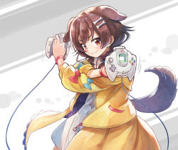 Rule 34 | 1girl, animal collar, animal ears, blush, bone hair ornament, braid, brown eyes, brown hair, collar, commentary, commentary request, controller, dog ears, dog girl, dog tail, dress, game console, game controller, hair between eyes, hair ornament, highres, holding, hololive, inugami korone, inugami korone (1st costume), jacket, looking at viewer, open clothes, open jacket, sakino shingetsu, sega dreamcast, smug, solo, tail, twin braids, v-shaped eyebrows, virtual youtuber, white dress, yellow jacket
