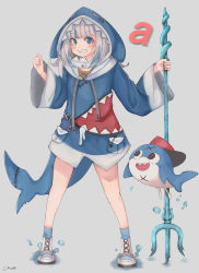 Rule 34 | 1girl, 1other, a (phrase), bloop (gawr gura), blue eyes, blue hair, blue hoodie, blue socks, bubble, fang, fins, fish tail, full body, gawr gura, gawr gura (1st costume), grey background, grey hair, highres, holding, holding weapon, hololive, hololive english, hood, hoodie, linnne, long hair, looking at viewer, multicolored hair, no pants, polearm, shoes, signature, smile, socks, standing, tail, teeth, trident, two-tone hair, virtual youtuber, weapon, white footwear, wide sleeves