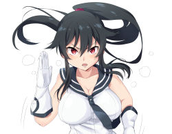 Rule 34 | 10s, 1girl, absurdres, bare shoulders, black hair, bouncing breasts, breasts, cleavage, gloves, hair between eyes, heavy breathing, highres, kantai collection, large breasts, long hair, looking at viewer, minatasiro, neckerchief, open mouth, ponytail, red eyes, sailor collar, school uniform, scrunchie, serafuku, serious, shirt, sleeveless, sleeveless shirt, solo, white gloves, white shirt, yahagi (kancolle)