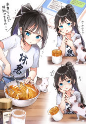 Rule 34 | 1girl, ^^^, afterimage, animal, black hair, blue eyes, bottle, bowl, breasts, cat, cellphone, clothes writing, cream, cup, dalgona coffee, dessert, drinking glass, empty eyes, food, hair ribbon, head rest, holding, long hair, medium breasts, mixing, mixing bowl, motion lines, multiple views, notice lines, open mouth, original, phone, ponytail, rangu, ribbon, shirt, smartphone, smile, sweat, taking picture, translation request, whisk, white shirt