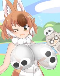 Rule 34 | 2girls, animal ear fluff, animal ears, black-framed eyewear, blue sky, blush, breast envy, breasts, brown eyes, brown hair, brown shirt, cloud, commentary request, dhole (kemono friends), dog ears, dog girl, flying sweatdrops, frown, fur collar, glasses, grey hair, highres, kemono friends, large breasts, lets0020, looking at another, looking at viewer, medium bangs, meerkat (kemono friends), multiple girls, o o, one eye closed, open mouth, puyo (puyopuyo), puyopuyo, shirt, short hair, sky, sleeveless, sleeveless shirt, slime (creature), solo focus, upper body, v-shaped eyebrows, white shirt
