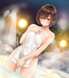 Rule 34 | 1girl, between legs, blush, bob cut, breasts, brown eyes, brown hair, collarbone, commentary, covering privates, covering crotch, dutch angle, english commentary, hair between eyes, hand between legs, hand up, highres, holding, holding towel, lights, looking at viewer, night, nude cover, onsen, original, outdoors, parted bangs, parted lips, rock, shiratama (komekiti10), short hair, solo, standing, steam, towel, wading, water, wet