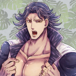 Rule 34 | 1boy, bare pectorals, black hair, frown, giga omega, jojo no kimyou na bouken, large pectorals, male focus, muscular, muscular male, open mouth, pectoral cleavage, pectorals, red eyes, solo, stardust crusaders, steely dan, undressing
