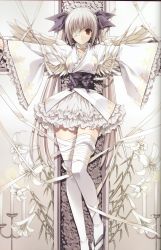 Rule 34 | 1girl, absurdres, albino, angel, angel wings, bandage over one eye, bandages, cross, crucifixion, dress, eyepatch, female focus, flower, high heels, highres, lolita fashion, long hair, obi, red eyes, reference work, sandals, sash, scan, shoes, short hair, silver hair, skirt, solo, suzuhira hiro, thighhighs, wa lolita, white thighhighs, wings